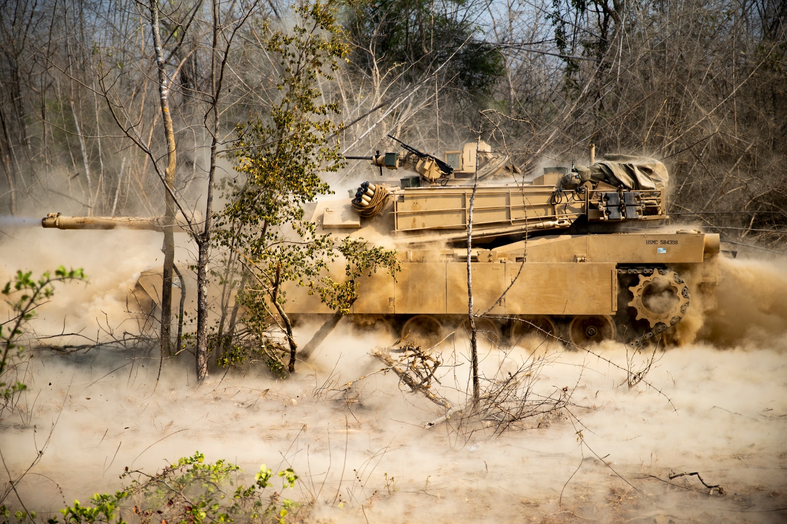 Marines with Charlie Company, 4th Tank Battalion, fire M1A1 Abrams tank during theater security cooperation exercise Cobra Gold 19, at Sukhothai, Kingdom of Thailand, February 21, 2019 (U.S. Marine Corps/Kyle C. Talbot)