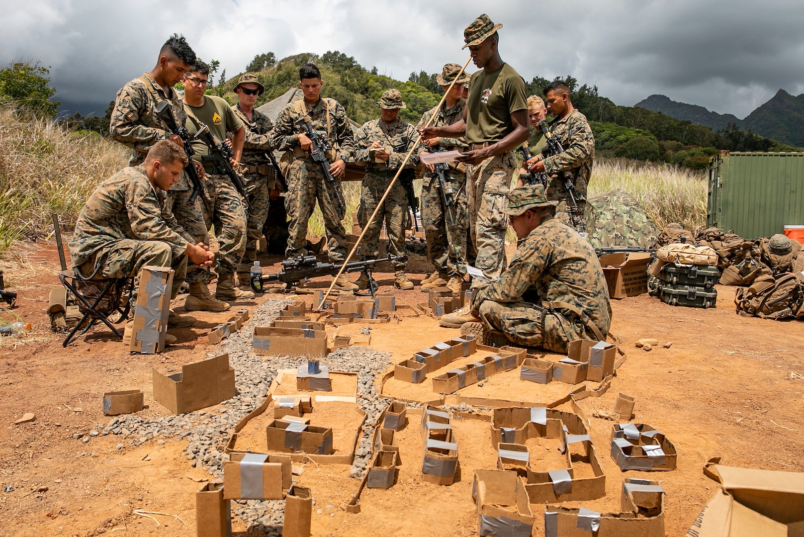 Marines with 2nd platoon, Combat Assault Company, 3rd Marine Regiment, plan their strategy before military operations in urban terrain training exercise, Marine Corps Training Area Bellows, June 19, 2019 (U.S. Marine Corps/Jose Angeles)