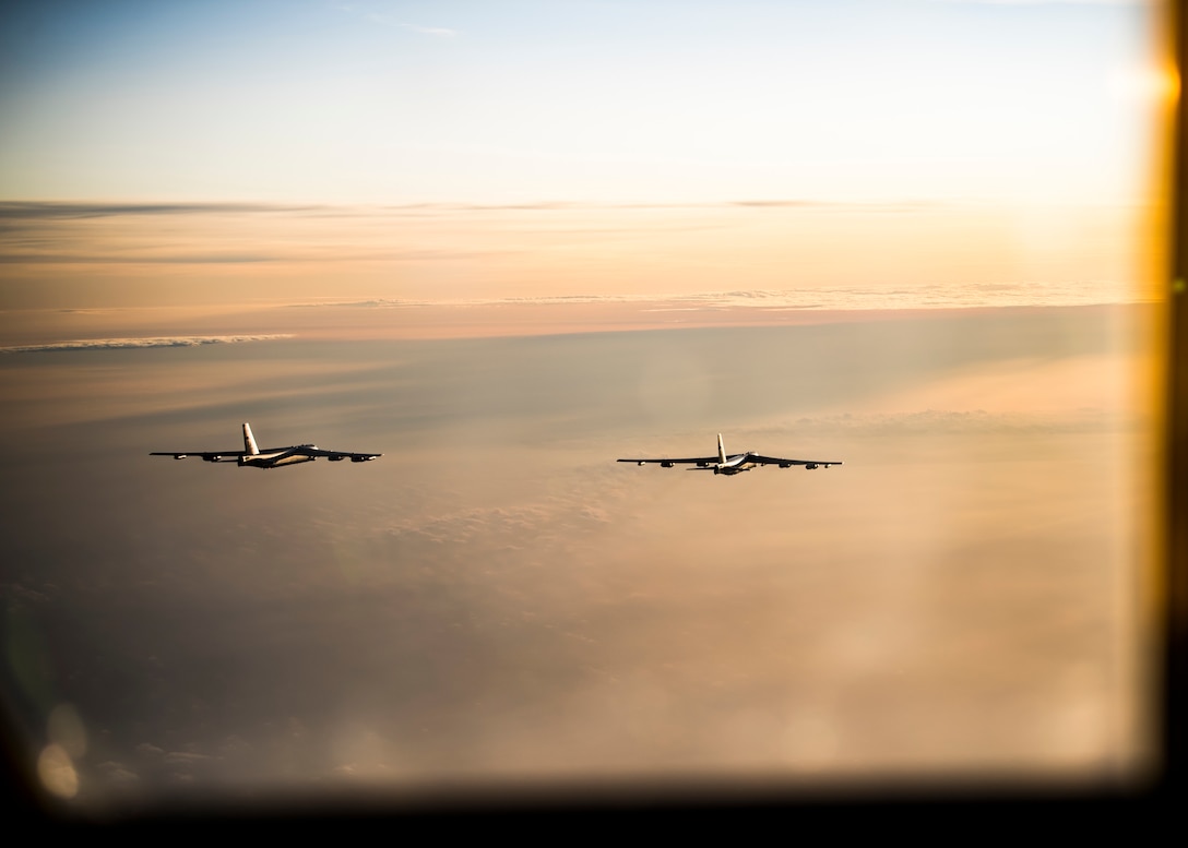 Two Air Force B-52H Stratofortresses assigned to 96th Bomb Squadron fly in formation during Bomber Task Force Europe 20-1, October 23, 2019, over Baltic Sea (U.S. Air Force/Duncan C. Bevan)