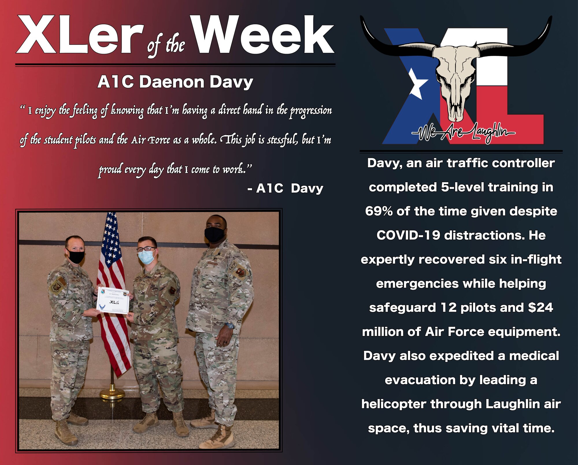 Airman 1st Class Daenon Davy, 47th Operations Support Squadron air traffic controller, was chosen by wing leadership to be the “XLer of the Week”, the week of Sept. 9, 2020, at Laughlin Air Force Base, Texas. The “XLer” award, presented by Col. Craig Prather, 47th Flying Training Wing commander, and Chief Master Sgt. Robert L. Zackery III, 47th FTW command chief master sergeant, is given to those who consistently make outstanding contributions to their unit and the Laughlin mission. (U.S. Air Force Graphic by Airman 1st Class David Phaff)