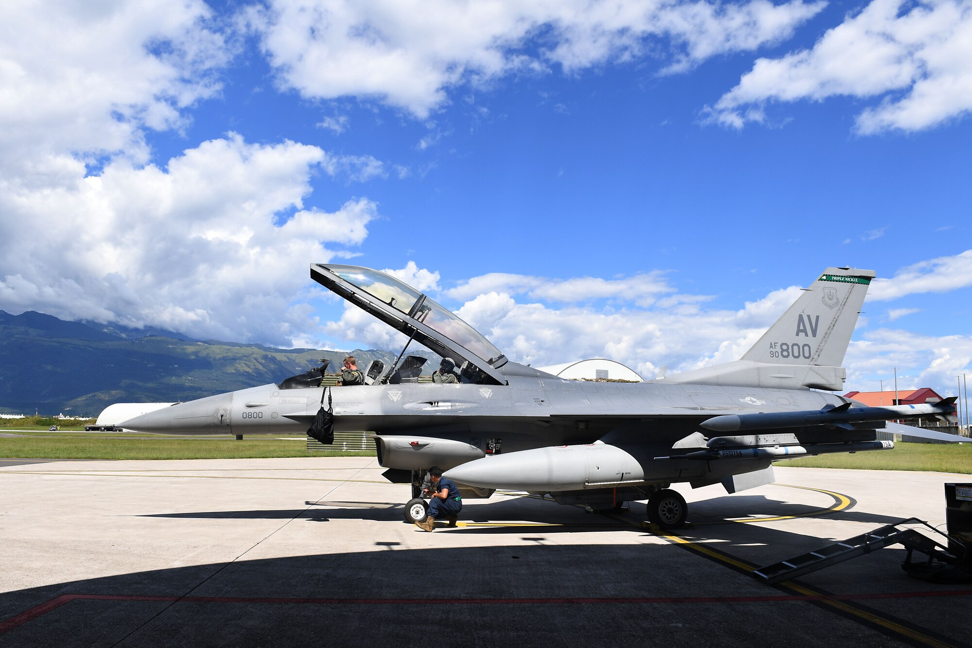 U.S. Air Force Staff Sgt. Devon Kercher, 31st Operations Support Squadron Radar Approach Control senior watch supervisor, and a U.S. Air Force F-16 Fighting Falcon pilot prepare for takeoff at Aviano Air Base, Italy, Sept. 3, 2020. Kercher was recently recognized as the 2019 U.S. Air Forces in Europe Air Traffic Controller of the Year and was participating in a familiarization flight. (U.S. Air Force photo by Staff Sgt. Valerie Halbert)