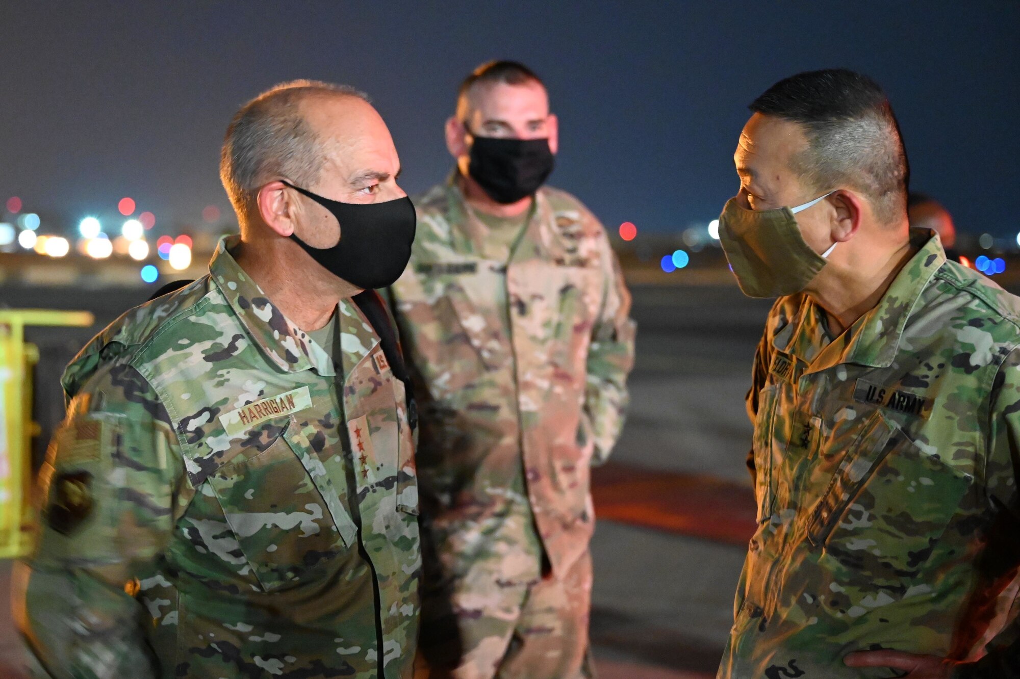 U.S. Air Force Gen. Jeffrey L. Harrigian, U.S. Air Forces in Europe and Air Forces Africa commander meets with U.S. Army Maj. Gen. Lapthe C. Flora, Combined Joint Task Force – Horn of Africa commanding general, after landing at Camp Lemonnier, Djibouti, September 1, 2020. Harrigian visited with U.S. Air Force members in Djibouti and East Africa to gain insight into their integrated missions, and the multiple roles of Airmen in the joint environment. (U.S. Air Force photo by Staff Sgt. Dana J. Cable)