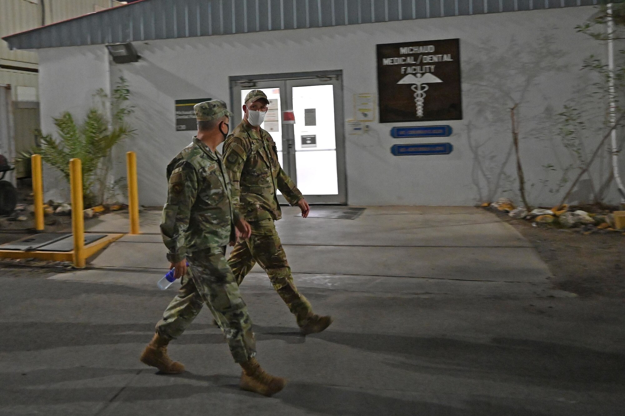 U.S. Air Force Gen. Jeffrey L. Harrigian, U.S. Air Forces in Europe and Air Forces Africa commander meets with Col. Ryan Bohner, 449th Air Expeditionary Group commander after arriving at Camp Lemonnier, Djibouti, September 1, 2020. The 449th AEG conducts personnel recovery and other operations in support of activities to enable U.S. Air Forces Africa and Combined Joint Task Force-Horn of Africa. (U.S. Air Force photo by Staff Sgt. Dana J. Cable)