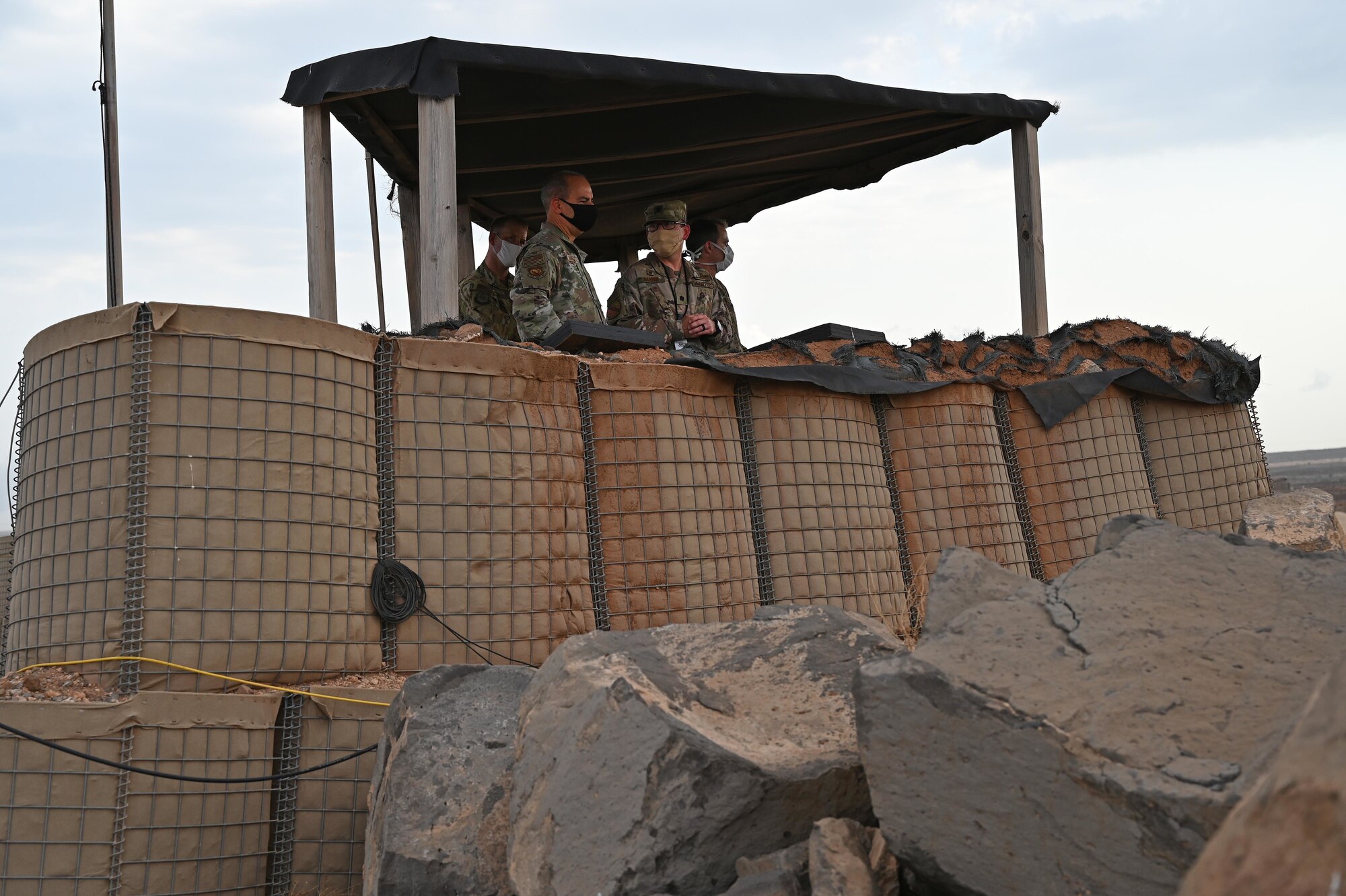 U.S. Air Force Gen. Jeffrey L. Harrigian, U.S. Air Forces in Europe and Air Forces Africa commander, meets with Lt. Col. Nicholas Wabeke, 776th Expeditionary Air Base Squadron commander, at an airfield in East Africa, September 3, 2020. Harrigian visited with U.S. Air Force members in Djibouti and East Africa to gain insight into their integrated missions, and the multiple roles of Airmen in the joint environment. (U.S. Air Force photo by Staff Sgt. Dana J. Cable)