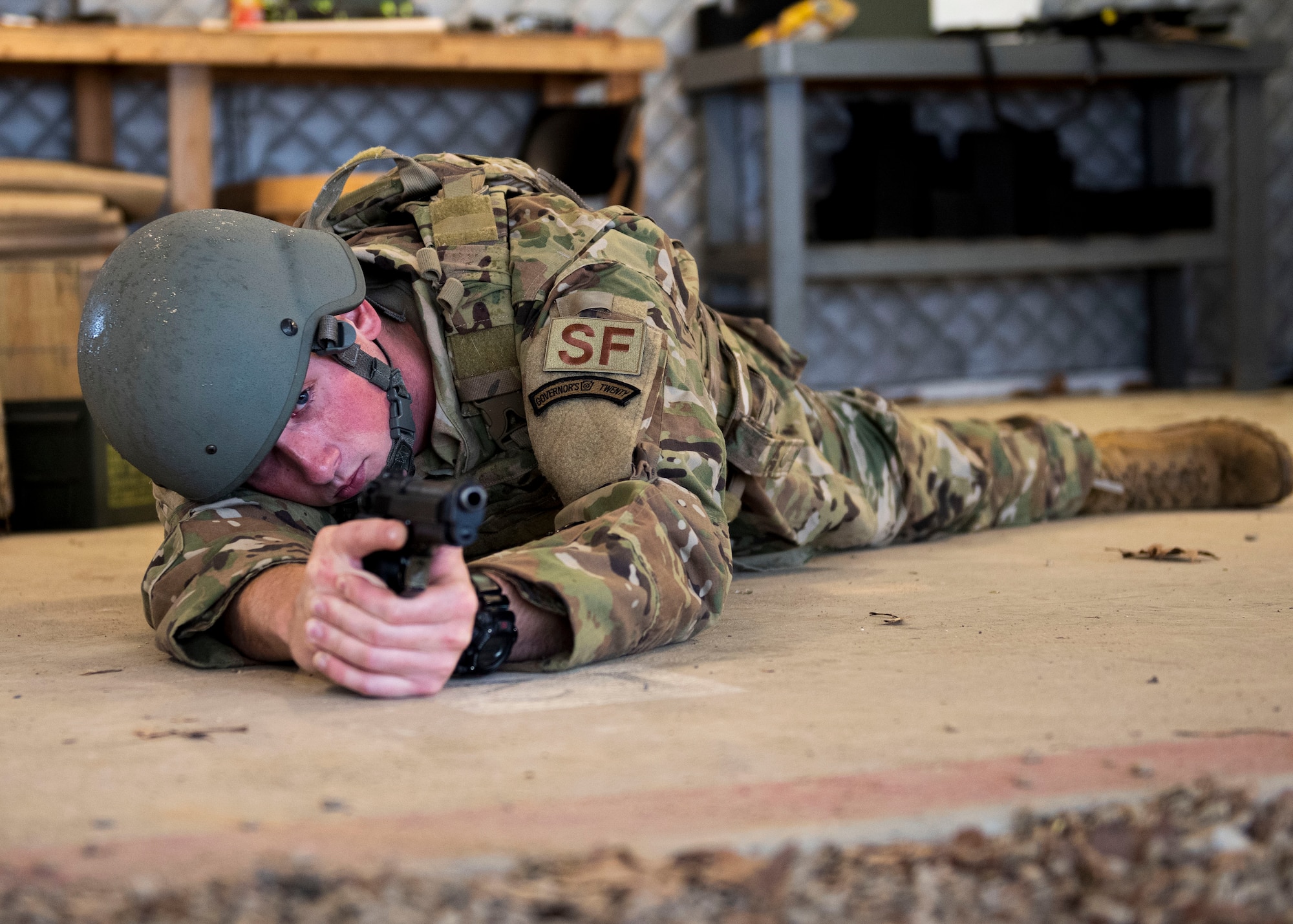 Pennsylvania Air National Guardsman Staff Sgt. Robert Lydic assigned to the 171st Air Refueling Wing’s Security Forces Squadron simulates shooting a M4 carbine for a photo Sept. 3, 2020, Pittsburgh, Pennsylvania. Lydic recently placed in the Governor's Twenty and took first place with his team at the Adjutant General's Combined Arms Match. (U.S. Air National Guard photo by Senior Airman Zoe M. Wockenfuss)