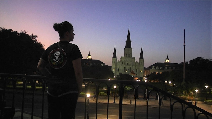 Sgt. 1st Class Yasmin Boneta, senior mortuary affairs adviser for the 377th Theater Sustainment Command, pauses to look out over Jackson Square in downtown New Orleans, Sept. 1, 2020.