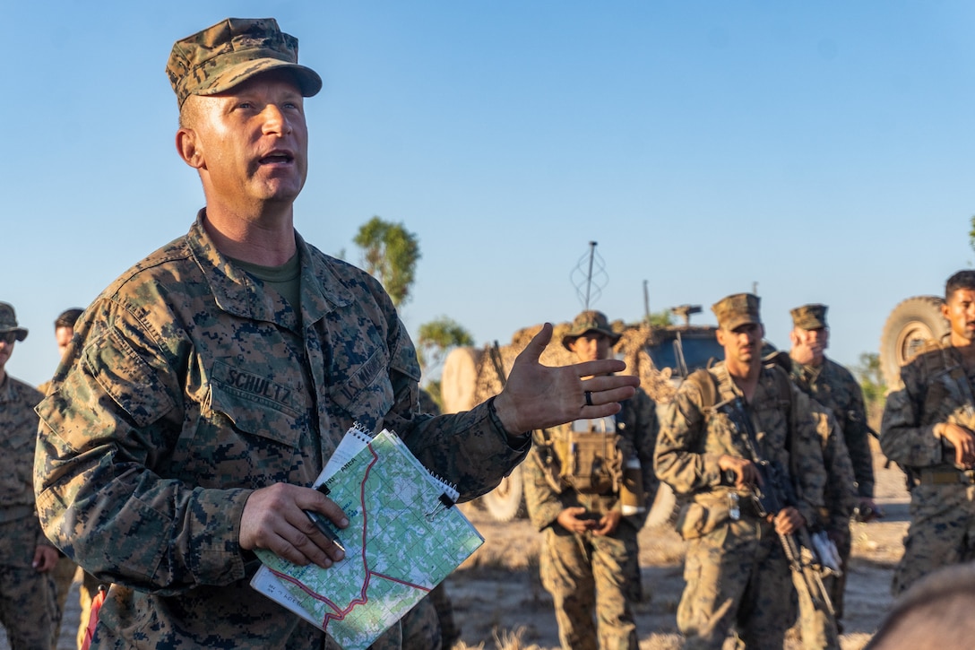 A U.S. Marine conducts a joint range brief at Mount Bundey Training Area, Northern Territory, Australia, Sept. 5.