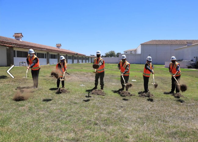 The Naval Surface Warfare Center, Corona Division held a ground breaking ceremony for the new Area Distribution Node (ADN) on Aug. 11. Pictured left to right: Anthony Winicki, Director of Detachments, Naval Weapon Station Seal Beach, Det. Fallbrook & Norco; Dianne Costlow, Technical Director, Senior Executive Service (SES); Rear Adm. Kevin P. Byrne, Commander of Naval Undersea Warfare Centers and Naval Surface Warfare Centers (COMNUWC/NSWC); Capt. Khary Hembree-Bey, NSWC Corona’s Commanding Officer; Ashish Patel, Facilities Manager; and Chris Hofacket, Information Technology Lead.  Photo by Steve Jacobs (CTR)