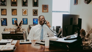 Alvin Green, director of cyberspace plans and resources for the 628th Communications
Squadron, assists a customer over the phone at Joint Base Charleston, S.C., Sept. 9, 2020. Green
joined the Joint Base Charleston team in 1993, after four years of enlisted service and two
civilian assignments.