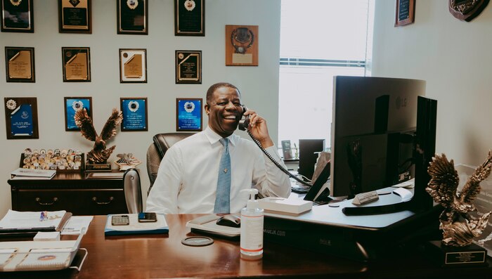 Alvin Green, director of cyberspace plans and resources for the 628th Communications
Squadron, assists a customer over the phone at Joint Base Charleston, S.C., Sept. 9, 2020. Green
joined the Joint Base Charleston team in 1993, after four years of enlisted service and two
civilian assignments.