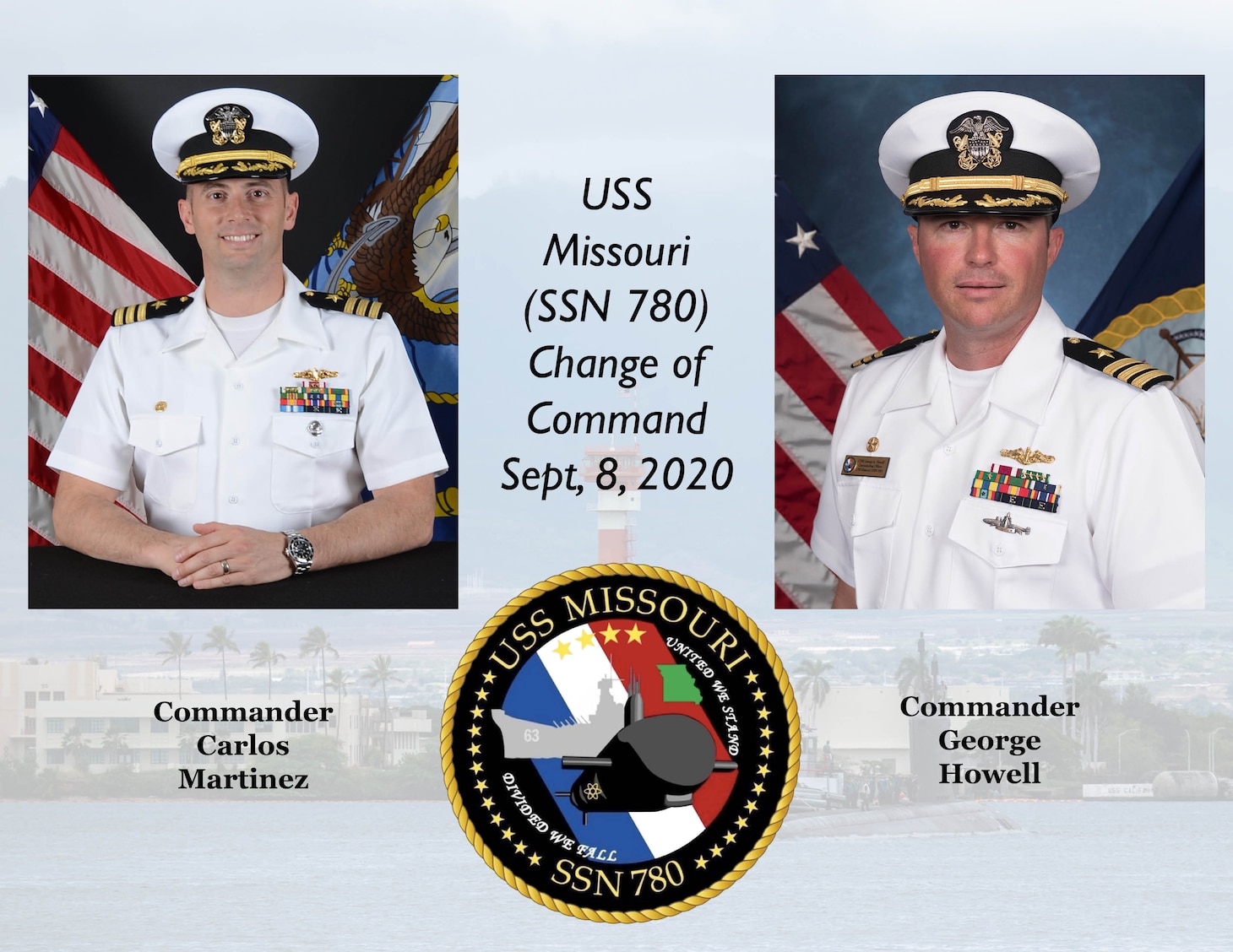 A graphic showing the incoming and outgoing commanding officers of USS Missouri (SSN 780).