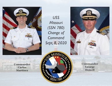 A graphic showing the incoming and outgoing commanding officers of USS Missouri (SSN 780).