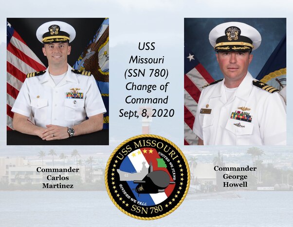 A graphic showing the incoming and outgoing commanding officers of USS Missouri (SSN 780).