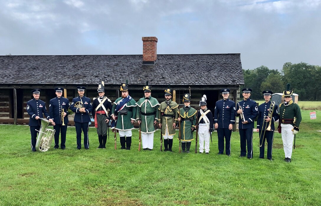 Members of the USAF Heartland of America Band pose with personnel from the 2019 Bicentennial celebration, Fort Atkinson State Historical Park, Nebraska. 5 October 2019