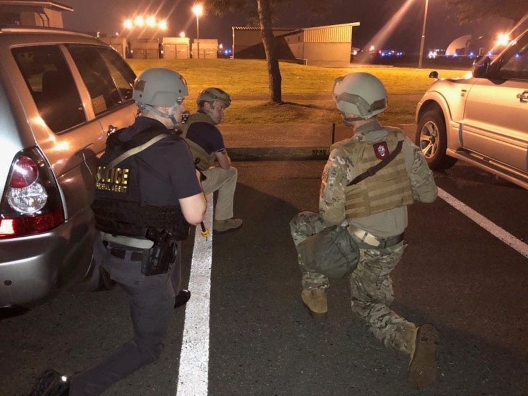 Office of Special Investigations Detachment 623 Special Agents respond to an exercise ground attack and hold the line while the 35th Security Forces Squadron sweeps the area during PACIFIC RONIN at Misawa Air Base, Japan, Aug. 23-28, 2020. (Photo by SA Brian Fitch/OSI Det. 623)