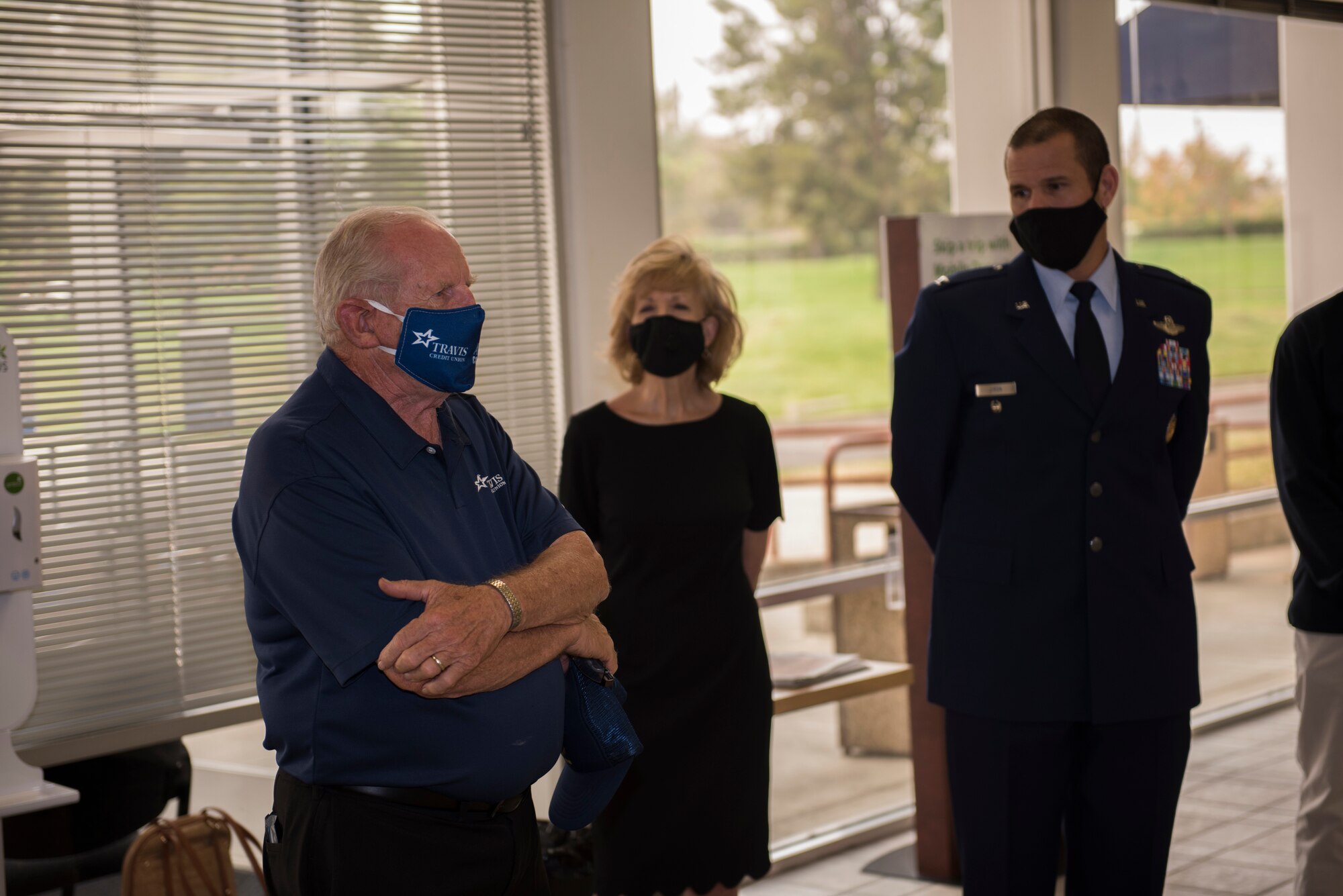 Len Augustine, left, Travis Credit Union director, gives a speech during the 2019 Air Force Distinguished Credit Union Award presentation Sept. 9, 2020, at Travis Air Force Base, California. The Travis Credit Union earned the Air Force Distinguished Credit Union Award in recognition of the achievements they made over the course of a year. (U.S. Air Force photo by Senior Airman Cameron Otte)