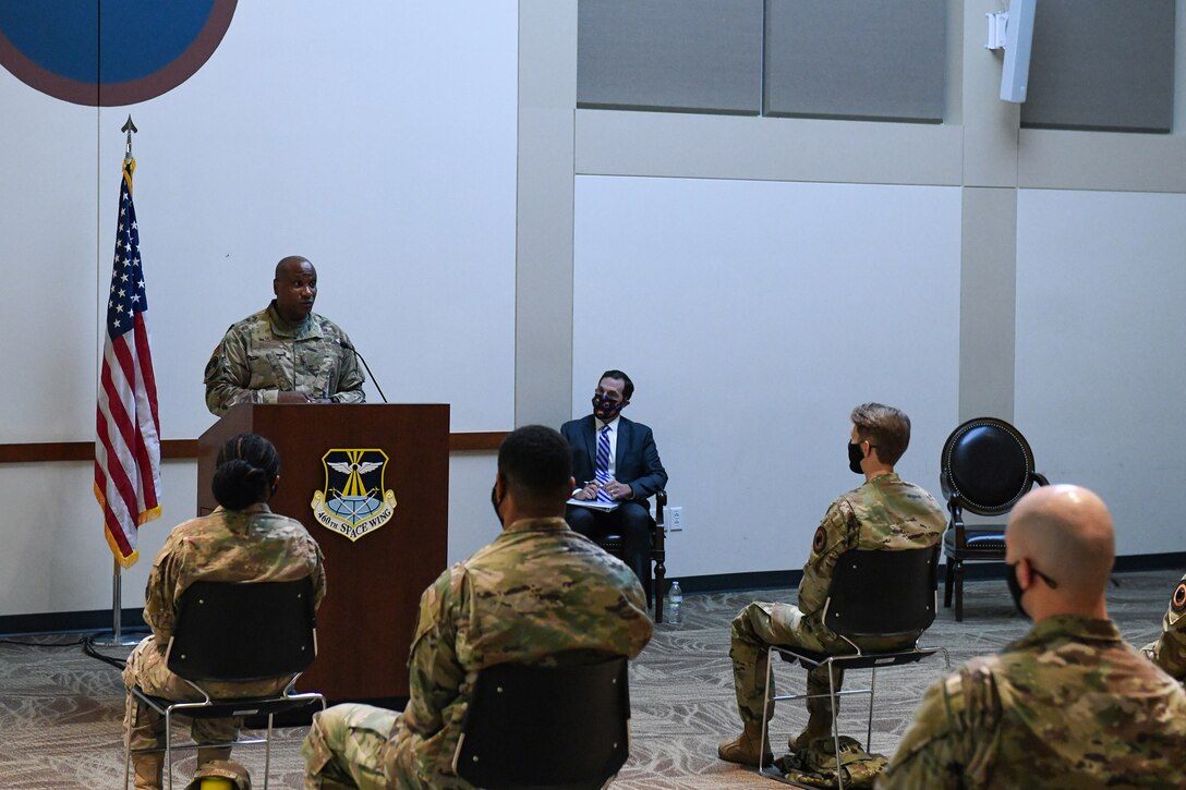 Colonel Devin Pepper, Buckley Garrison commander, speaks to Airmen that are preparing to transfer over to the United States Space Force Sept. 10, 2020, at the Leadership Development Center on Buckley Air Force Base, Colo.