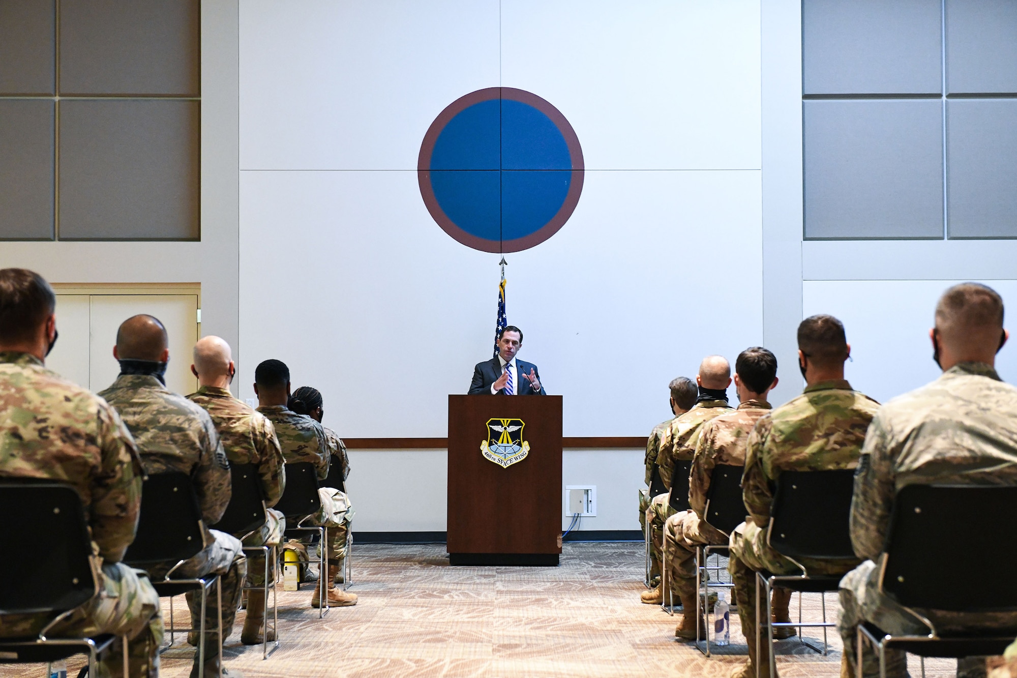 U.S. Rep. Jason Crow, Colorado’s 6th congressional district congressman, speaks to Airmen before they take their oath to transfer into the United States Space Force Sept. 10, 2020, at the Leadership Development Center on Buckley Air Force Base, Colo.