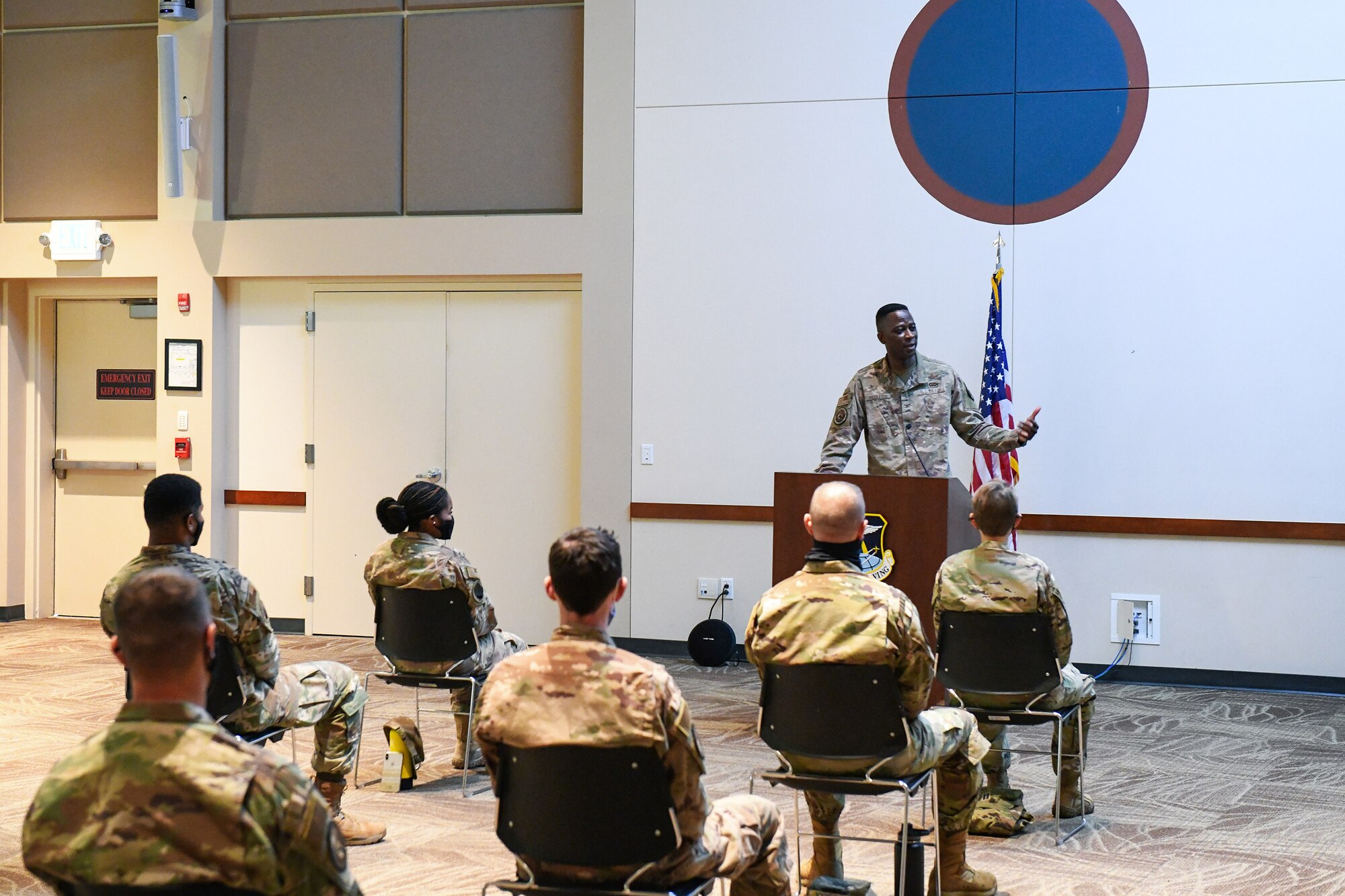 Colonel Jake Middleton, Aerospace Data Facility-Colorado commander, speaks to Airmen that are preparing to transfer over to the United States Space Force Sept. 10, 2020, at the Leadership Development Center on Buckley Air Force Base, Colo.