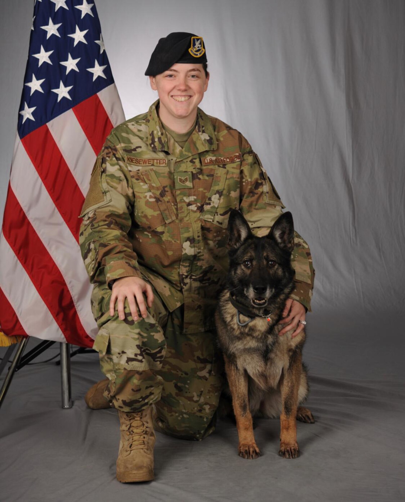 U.S. Air Force Staff Sgt. Lisa Kiesewetter, 86th Security Forces Squadron military working dog trainer, poses for a photo at Ramstein Air Base, Germany, March 12, 2019. As a 15-year veteran, Kiesewetter has deployed four times, supporting missions in Kuwait, Afghanistan, Turkey and Kenya. (U.S. Air Force photo by Tech. Sgt. J. Smith)