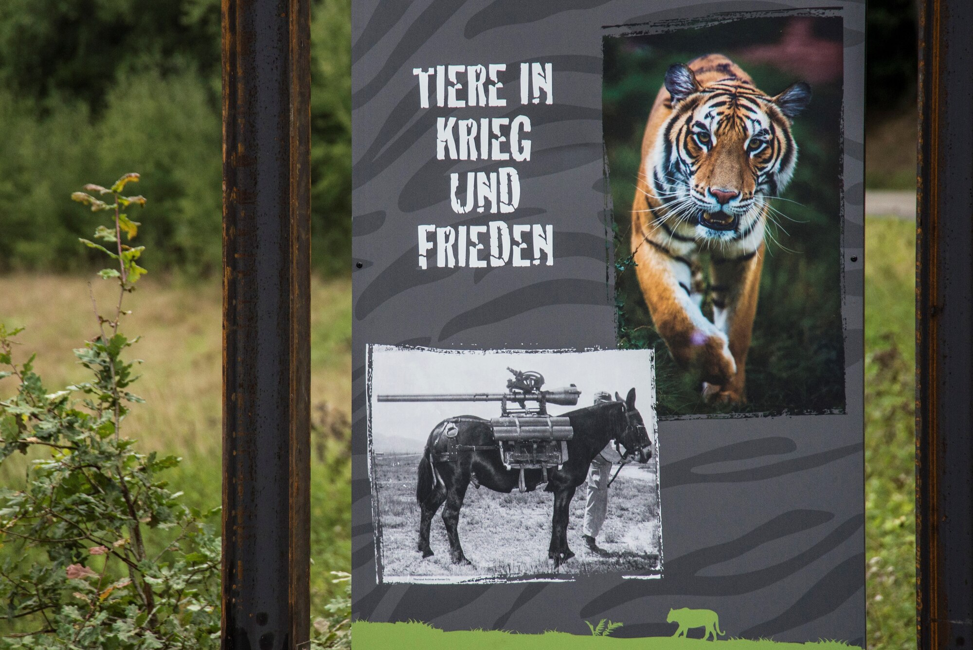 A sign reads “Tiere in Krieg und Frieden” which translates to “Animals in War and Peace,” indicating visitors have arrived at the exhibit at former U.S. Army Ordnance Depot Maßweiler, Germany, Sept. 4, 2020. To honor animals’ service during various wars, an animal welfare organization opened an exhibit called “Animals in War and Peace,” in the former U.S. Army Ordnance Depot Maßweiler. The bunker, in which the exhibit was built, previously housed U.S. military ammunition and then returned it to German control in the 1990s. The animal welfare organization purchased the property in 2000, then transformed it into the exhibit. (U.S. Air Force photo by Tech. Sgt. J. Smith)