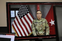 Brig. Gen. Susan Henderson, commanding general of the 4th Expeditionary Sustainment Command gives her opening remarks during the first virtual Stand for Life suicide prevention training event with 79 suicide prevention liaisons across Army Reserve units throughout the continental U.S.