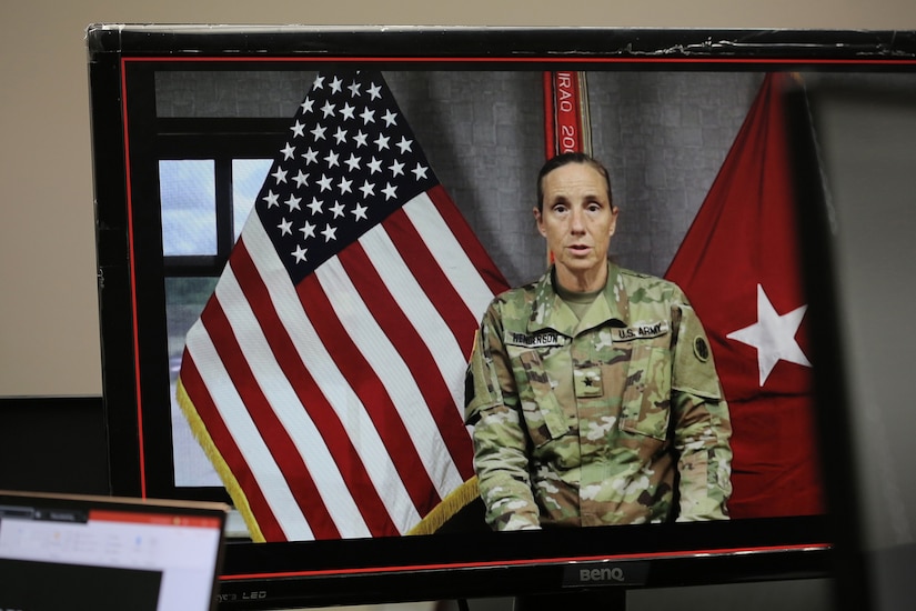 Brig. Gen. Susan Henderson, commanding general of the 4th Expeditionary Sustainment Command gives her opening remarks during the first virtual Stand for Life suicide prevention training event with 79 suicide prevention liaisons across Army Reserve units throughout the continental U.S.