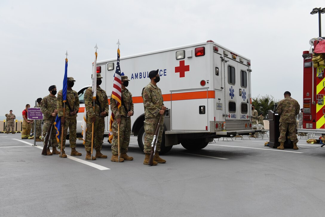 Honor Guard stands ready to present colors at Osan Air Base, Republic of Korea, Sept. 11, 2020. Ceremonies throughout the Air Force and around the world took place to commemorate the 19th anniversary of the attacks on 9/11, where 2,977 people lost their life. (U.S. Air Force photo by Senior Airman Branden Rae)