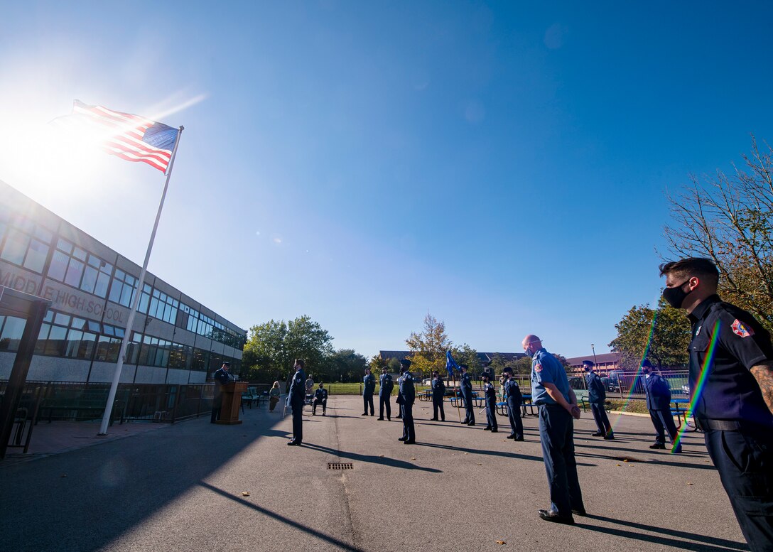 U.S. Air Force Col. Kurt A. Wendt, left, 501st Combat Support Wing commander, speaks during a 9/11 remembrance ceremony at RAF Alconbury, England, Sep. 9, 2020. Cadets from the Alconbury High School JROTC along with Airmen from the 501st Combat Support Wing participated in the ceremony to honor those who lost their lives during the September 11th terrorist attacks. (U.S. Air Force photo by Senior Airman Eugene Oliver)