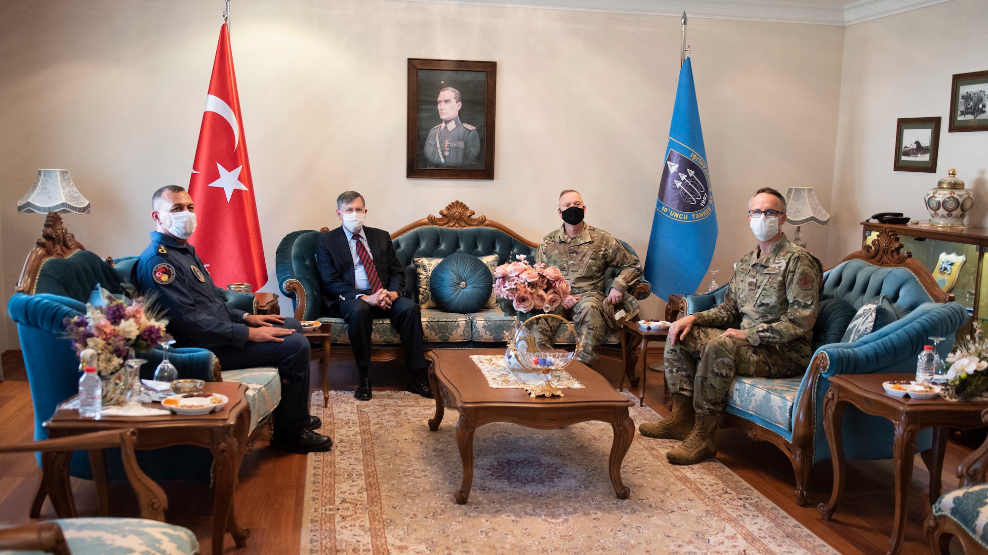 U.S. Ambassador to Turkey David Satterfield sits with Turkish and U.S. military leaders at the ornate sitting room at the Turkish Air Force command building, at Incirlik Air Base, Sept. 10, 2020.