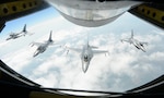 A KC-135 Stratotanker aircrew from the Nebraska Air National Guard's 155th Air Refueling Wing refuels four F-16 Fighting Falcon aircraft during a training mission, Aug. 12, 2020, from the 140th Fighter Wing, Buckley Air National Guard base, Denver, Colorado. This completed required training for the Colorado Air National Guard F-16 pilots as well as for the Nebraska KC-135 aircrew.