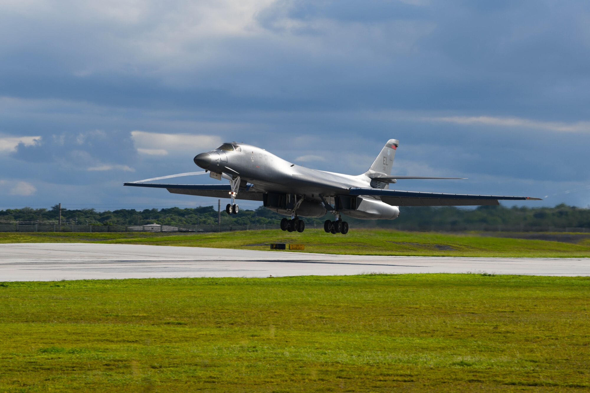 A B-1B Lancer assigned to the 34th Bomb Squadron, Ellsworth Air Force Base, S.D., lands at Andersen AFB, Guam, for a Bomber Task Force deployment, Sept. 10, 2020. The BTF is deployed to Andersen AFB to support Pacific Air Forces’ training efforts with allies, partners and joint forces; and strategic deterrence missions to reinforce the rules-based order in the Indo-Pacific region. (U.S. Air Force photo by Staff Sgt. Nicolas Z. Erwin)