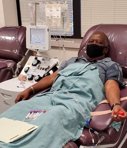 Thefety Tibbs prepares for his first convalescent plasma donation at the Akeroyd Blood Donor Center at Joint Base San Antonio-Fort Sam Houston.