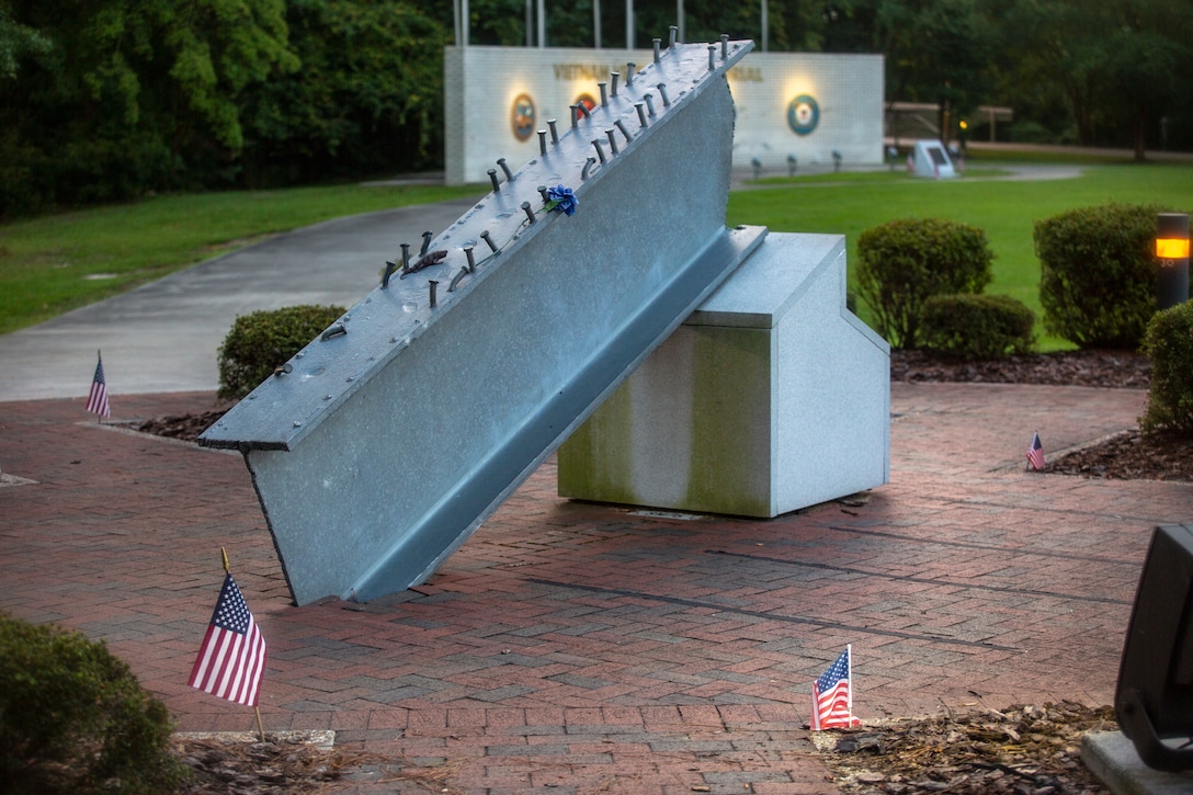 The 9/11 Memorial stands as a visual reminder of that fateful day at the Lejeune Memorial Gardens, Jacksonville, North Carolina, Sept. 1, 2020. This year marks the 19th anniversary of Patriots Day, which honors the nearly 3,000 American citizens, civil servants, and first responders whose lives were taken as a result of the terrorist attacks that took place on Sept. 11, 2001. (U.S. Marine Corps Photo by Lance Cpl. Isaiah Gomez)