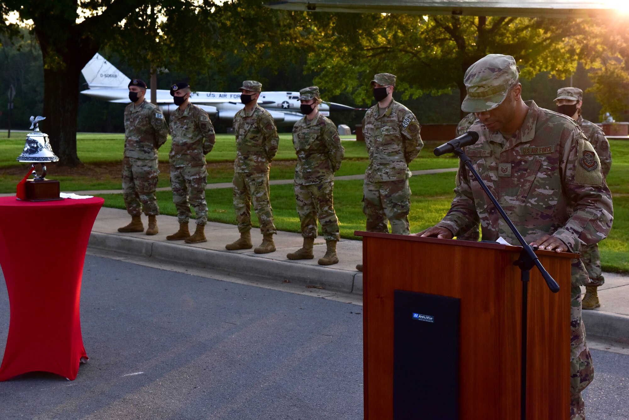 An Airman speak during a 9/11 ceremony