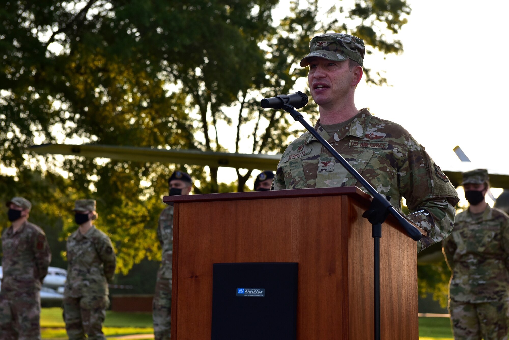 The base commander speak at a 9/11 ceremony
