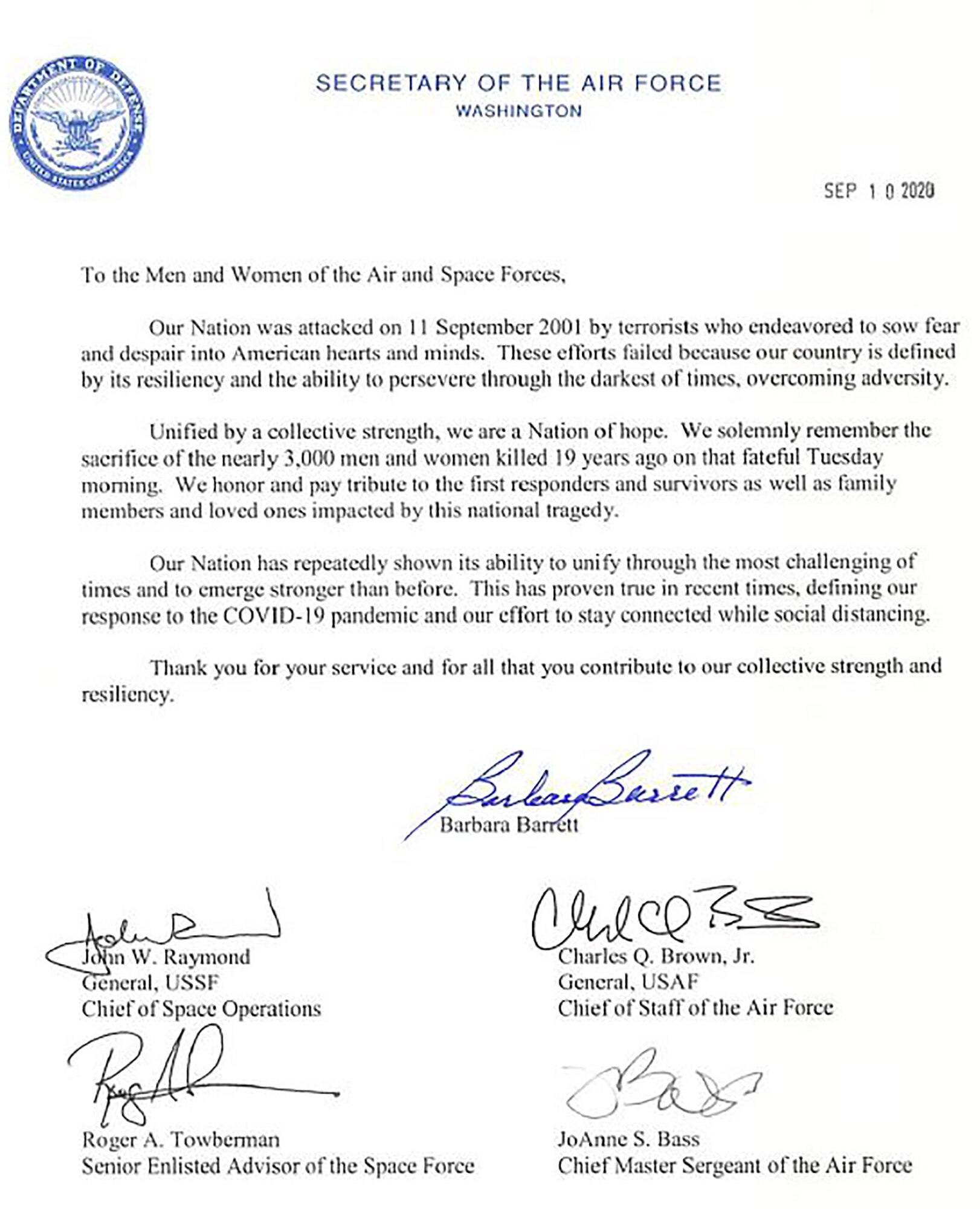 9/11 Message from SECAF