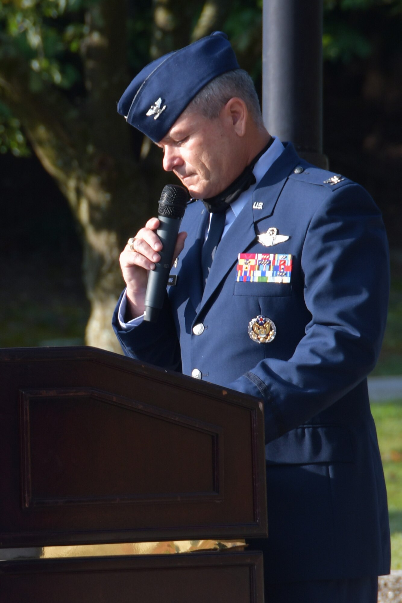 Col. Craig McPike, Dobbins installation commander, speaks at a 9/11 Remembrance Ceremony at the POW/MIA Memorial at Dobbins Air Reserve Base, Ga. The ceremony included a moment of silence, command commentaries and an honor guard presentation. (U.S. Air Force photo by Senior Airman Shelby Thurman)