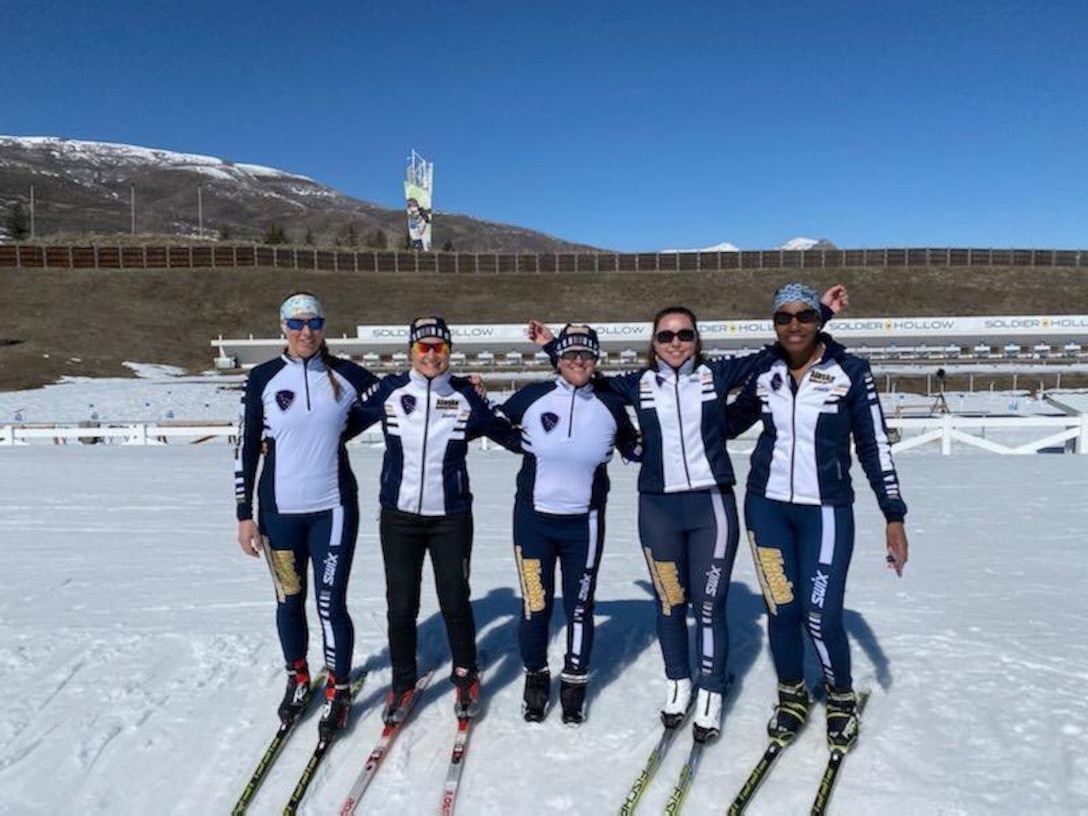 The Alaska National Guard women’s team, from the left, Staff Sgt. Heather Percy, Chief Warrant Officer Five Tracy Dooley. Maj. Bonnie Wickham, Capt. Julie Kane, and 1st Sgt. Angela Horn, pose for a photo during the 2020 Chief, National Guard Bureau Biathlon Championships, Feb. 28-March 5, at the Soldier Hollow Nordic Center, in Midway, Utah.