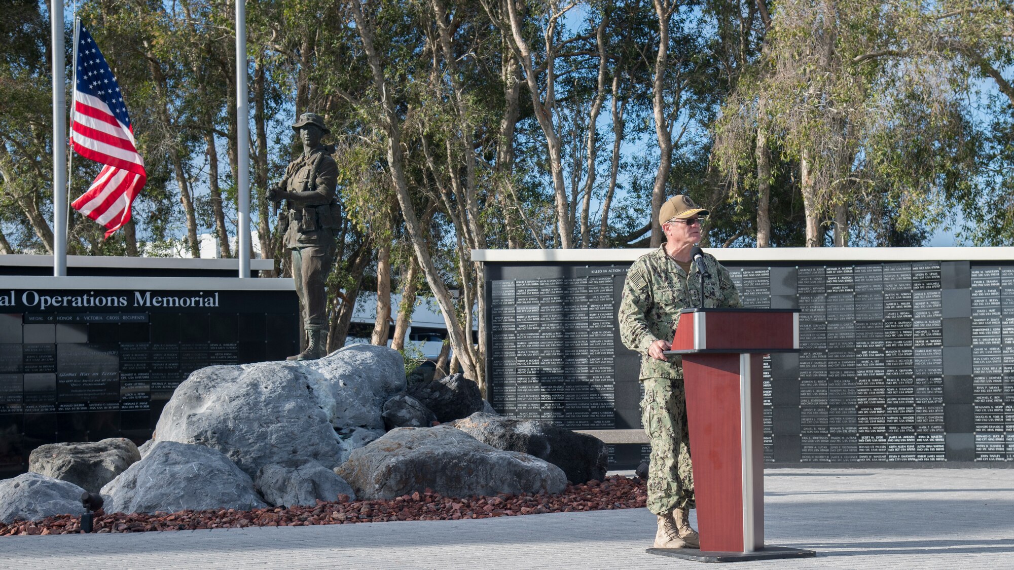 U.S. Navy Vice Adm. Tim Szymanski, the U.S. Special Operations Command deputy commander, delivers remarks during a 9/11 Observance Ceremony Sept. 11, 2020, at MacDill Air Force Base, Fla