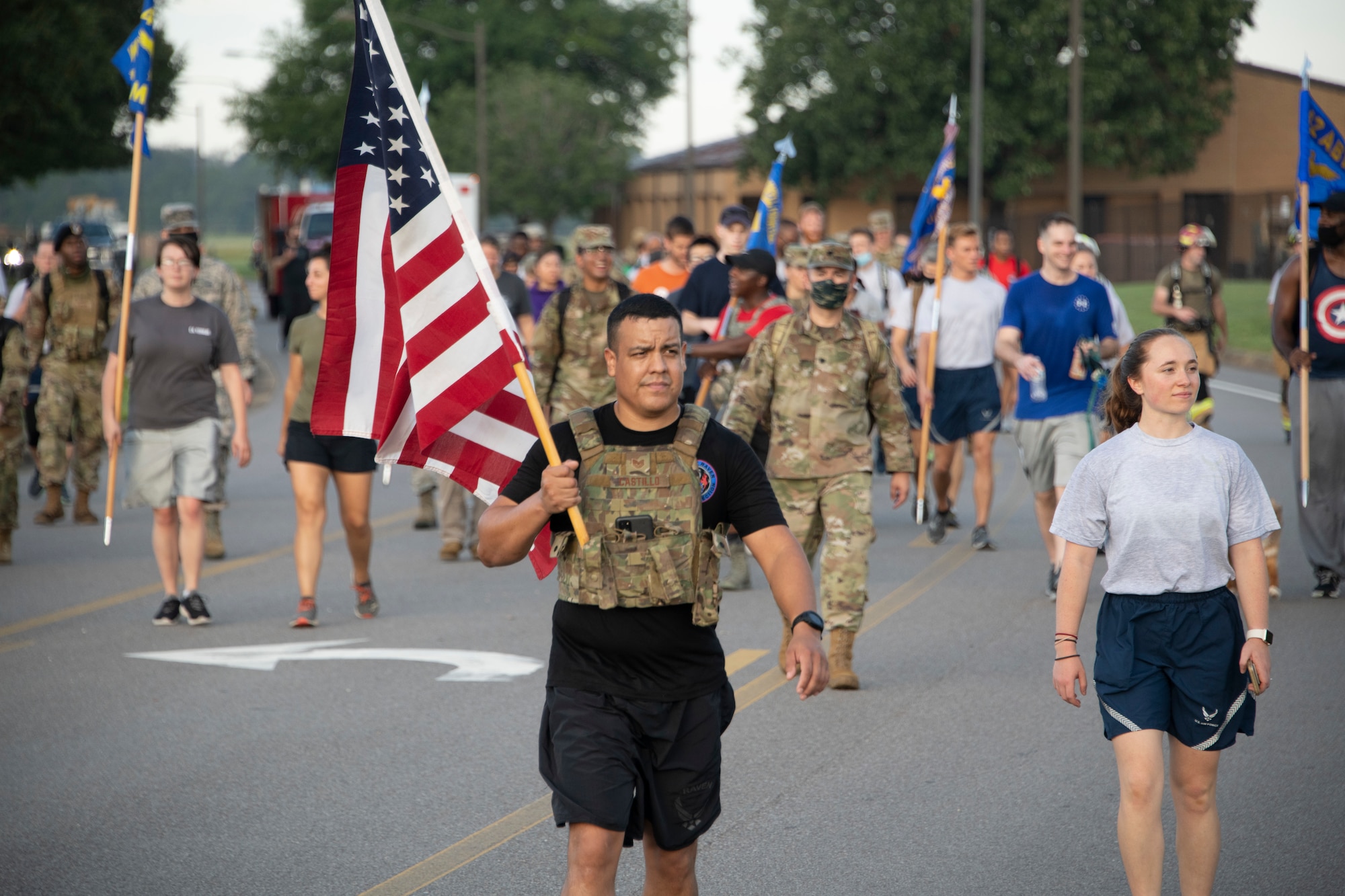 Members of the Maxwell-Gunter community participate in a ruck march in remembrance of 9/11, Sept. 11, 2020, on Maxwell Air Force Base, Alabama. The ruck march ended at the base fire department, where Lt. Gen. James Hecker, Air University commander and president, shared words with all those in attendance. (U.S. Air Force photo by Airman 1st Class Jackson Manske)