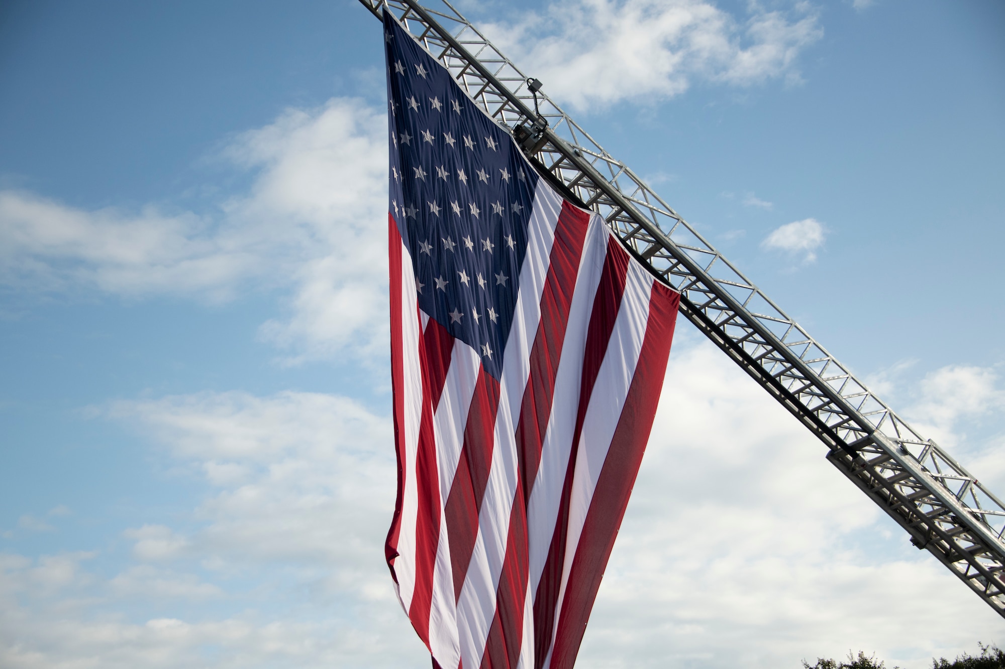 An American flag on display at the Maxwell fire department, Sept. 11, 2020, on Maxwell Air Force Base, Alabama. Members from around the community gathered for a ceremony in remembrance of the 9/11 terrorist attacks. (U.S. Air Force photo by Airman 1st Class Jackson Manske)