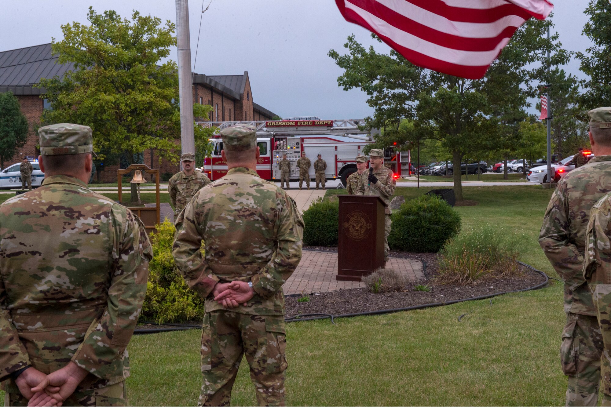 U.S. Air Force Chaplain (Lt. Col.) Alex Jack, 434th Air Refuling Wing chaplain, provides words of reassurance followed by a prayer and moment of silence during a 9/11 memorial ceremony at Grissom Air Reserve Base, Ind., Sept 11, 2020. (U.S. Airforce photo/Tech. Sgt. Jami Lancette)