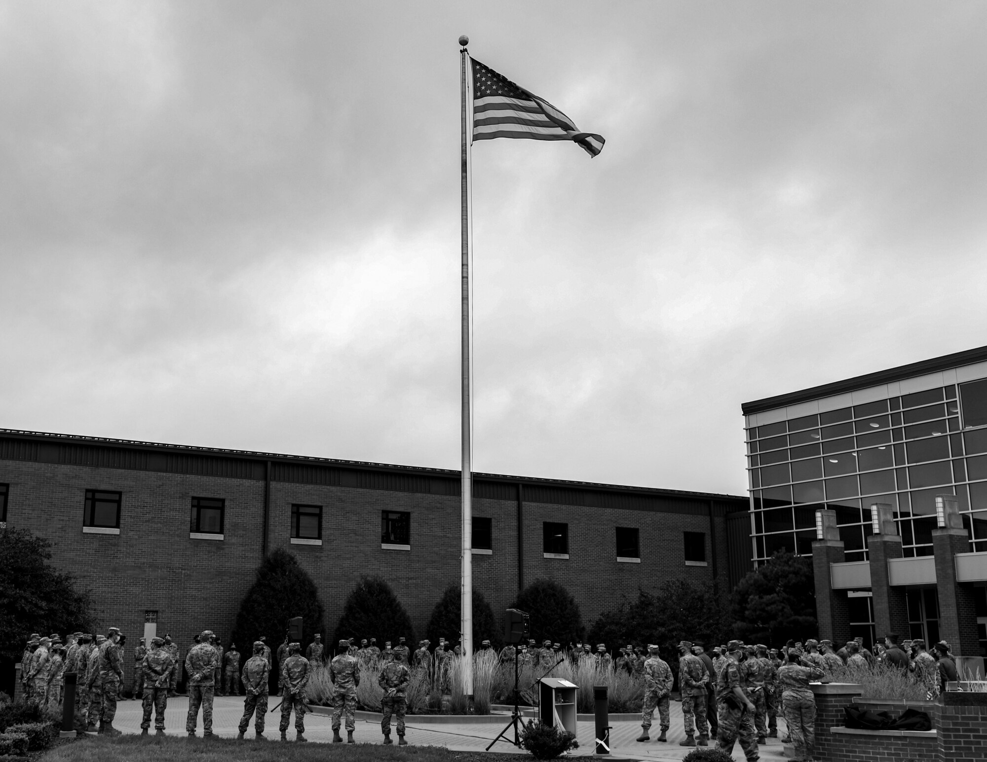 Members of the 910th Airlift Wing gather around the base flagpole on Sept. 11, 2020, for Youngstown Air Reserve Station’s 9/11 remembrance ceremony. The installation has held a ceremony every year to honor those who lost their lives on Sept. 11, 2001.