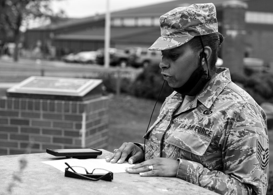 Tech. Sgt. Elizabeth Majors, a chaplain’s assistant assigned to the 910th Airlift Wing, gives an invocation, Sept. 11, 2020, during Youngstown Air Reserve Station’s 9/11 remembrance ceremony. The installation has held a ceremony every year to honor those who lost their lives in the terrorist attacks of Sept. 11, 2001.
