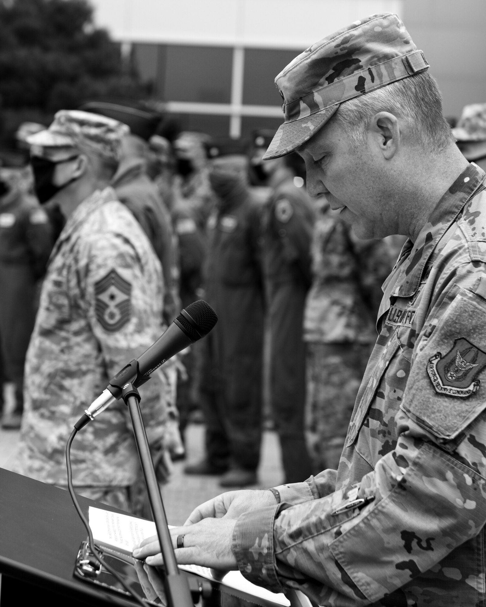 Maj. Scott Allen, the 910th Airlift Wing chief of public affairs, reads off the events of 9/11, Sept. 11, 2020, during Youngstown Air Reserve Station’s 9/11 remembrance ceremony. The installation has held a ceremony every year to honor those who lost their lives in the terrorist attacks at Sept. 11, 2001.