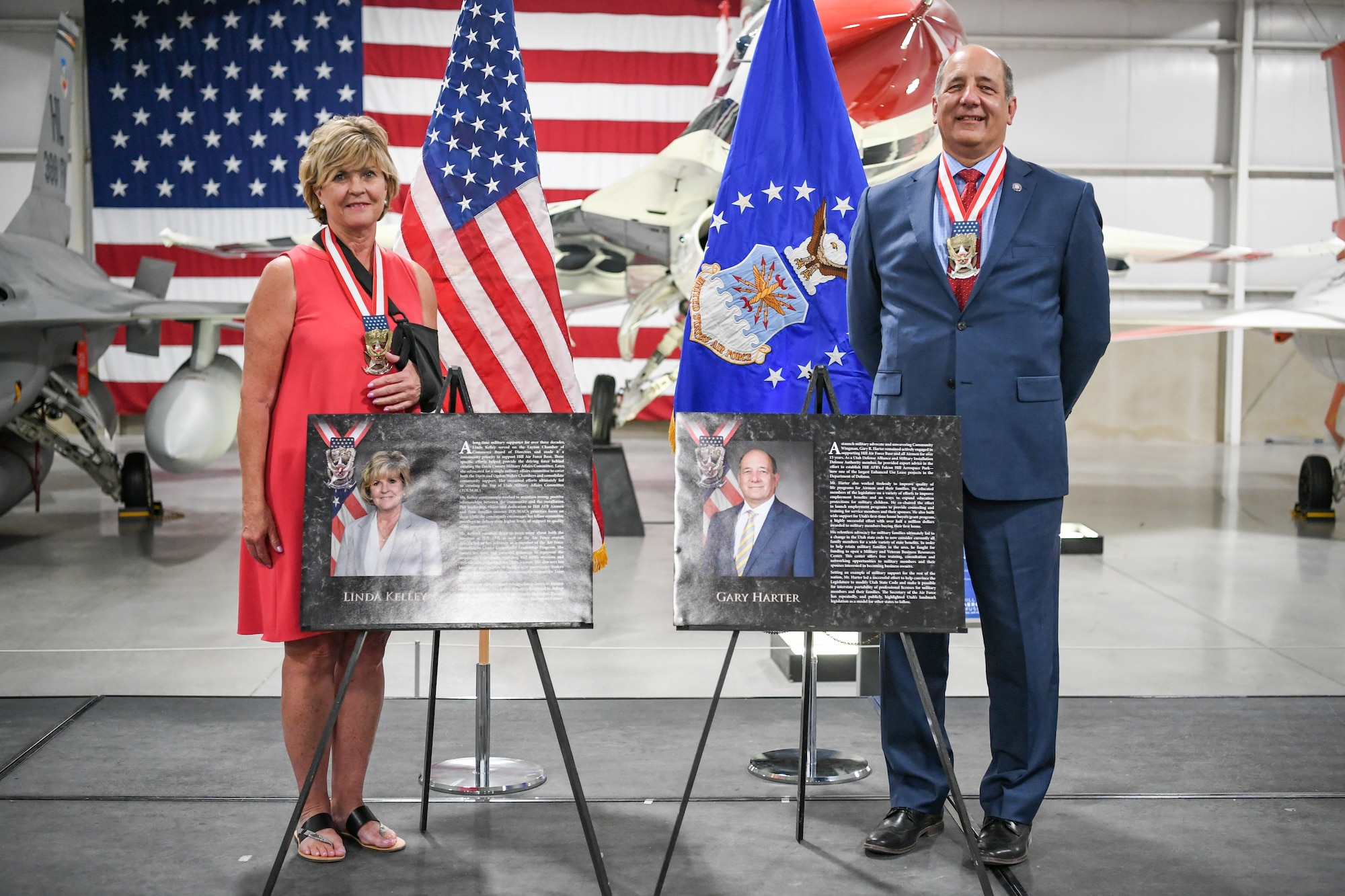 Linda Kelley and Gary Harter were awarded the Hill Air Force Base Community Wingman Award Sept. 10, 2020. The annual honor recognizes community members who have made a significant service contribution to the installation. (U.S. Air Force photo by Cynthia Griggs)
