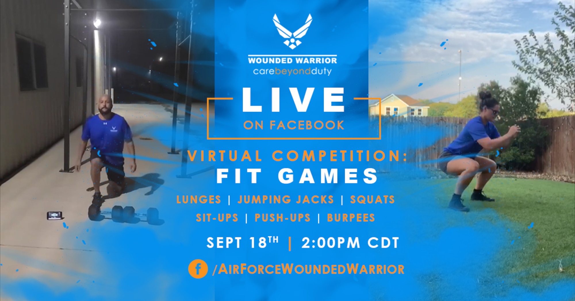 The Air Force Wounded Warrior Program (AFW2) is holding their first ever Fit Games on Friday, September 18th, at 2:00 p.m. CDT. Fourteen athletes will compete in six rounds of six bodyweight exercises for time. (U.S. Air Force Graphic by Melissa Espinales)