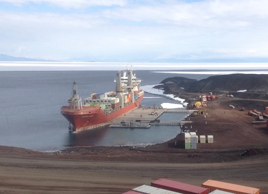 Military Sealift Command-chartered container ship MV Ocean Giant conducts  cargo offloads at McMurdo Station, Antarctica.  The operation is part of MSC’s annual resupply mission in support of Operation Deep Freeze, the Joint Task Force Support for Antarctica mission to resupply the remote scientific outpost.