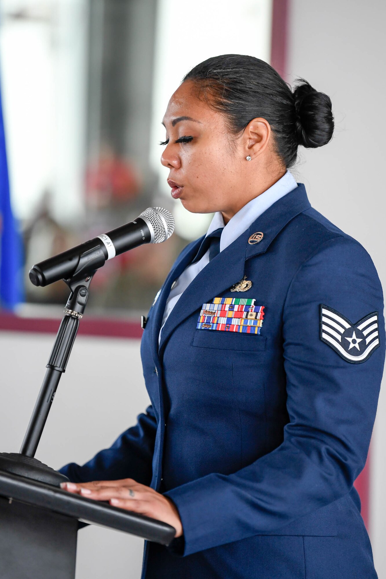 Staff Sgt. Maureen Torres, 436th Security Forces Squadron combat arms instructor, reads the Security Forces Prayer during the 19th Anniversary 9/11 memorial event Sept. 11, 2020, at Dover Air Force Base, Delaware. Members of Team Dover volunteer to participate in the annual memorial event to remember and honor the civilian casualties and the fallen firefighters, police officers and first responders. (U.S. Air Force photo by Mauricio Campino)